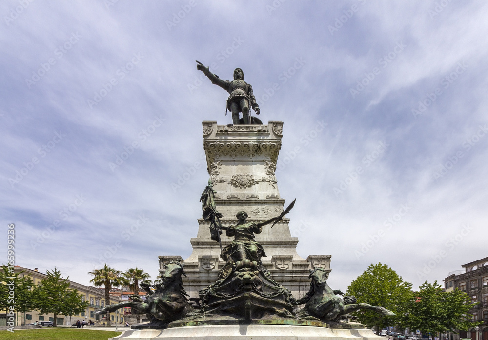 Statue of Prince Henry in the Navigator Monument on garden square Infante Dom Henrique, Porto