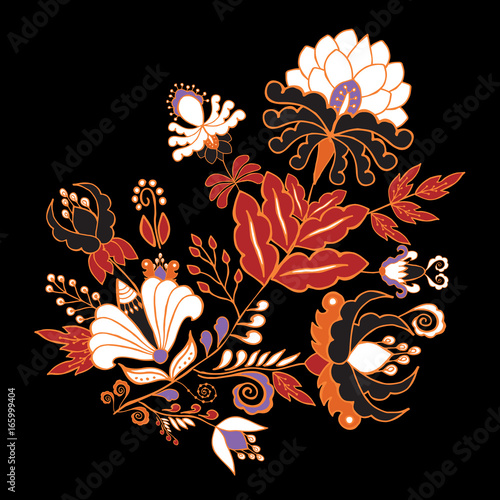 stock vector abstract hand draw flower and wave, doodle bouquet. oriental or arabic, russia textile design. template for card. banner