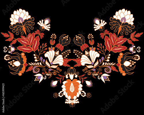 stock vector flowers and leaf ornament. oriental or russian pattern.necklace embroidery design