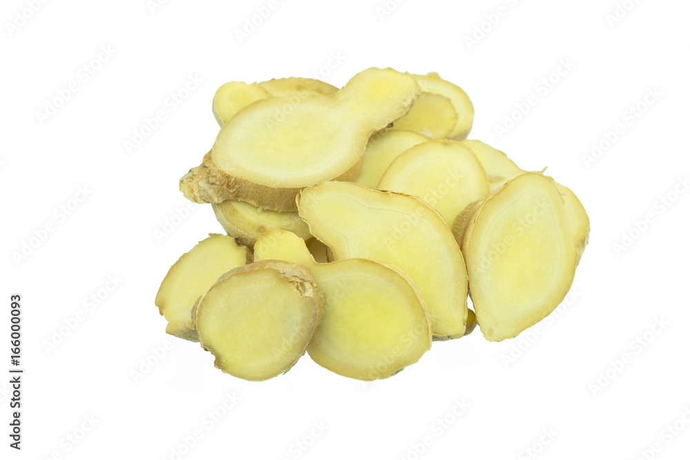 slices of fresh ginger and heap isolated on white background slices of fresh ginger and heap isolated on white background