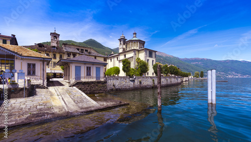 View from the pier of Cannobio to the Santuario della Santissima Pietà at Lake Maggiore Maggiore - Lago Maggiore, Verbania, Piemont, Italy