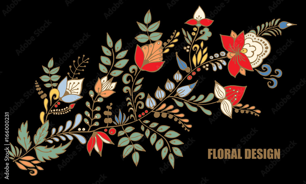stock vector abstract hand draw flower and wave, doodle bouquet. oriental or arabic, russia textile design. template for card. banner