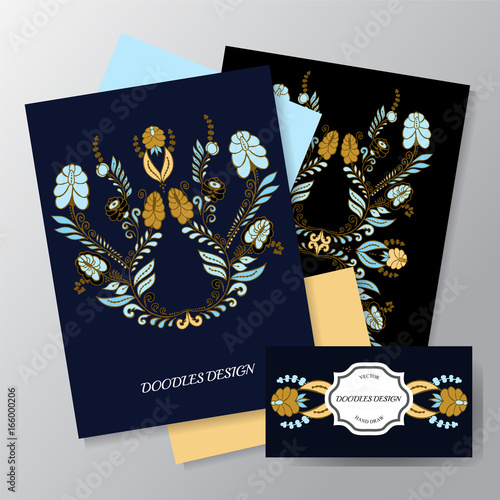 stock vector floral set of card  pattern with flowers and leaf. russian or orient style. template