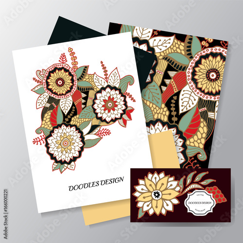 stock vector floral set of card  pattern with flowers and leaf. russian or orient style. template