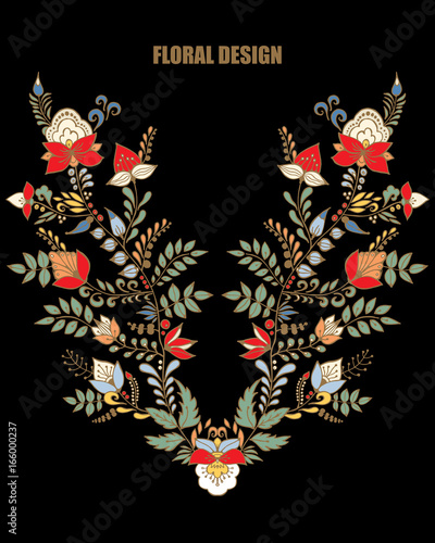 stock vector flowers and leaf ornament. oriental or russian pattern.necklace embroidery design