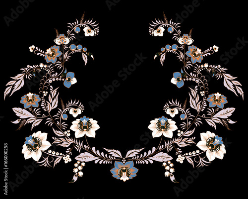 stock vector flowers and leaf ornament. oriental or russian pattern.necklace embroidery design