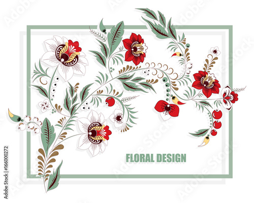 stock vector abstract hand draw flower and wave, doodle bouquet. oriental or arabic, russia textile design. template for card. banner