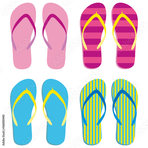 Colored flipflops set icon. Slippers icon. Isolated blue, pink, yellow striped on white background. Vector illustration AI10.