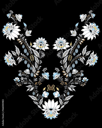stock vector flowers and leaf ornament. oriental or russian pattern.necklace embroidery design