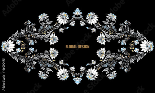 stock vector flowers and leaf ornament. oriental or russian pattern.necklace embroidery design