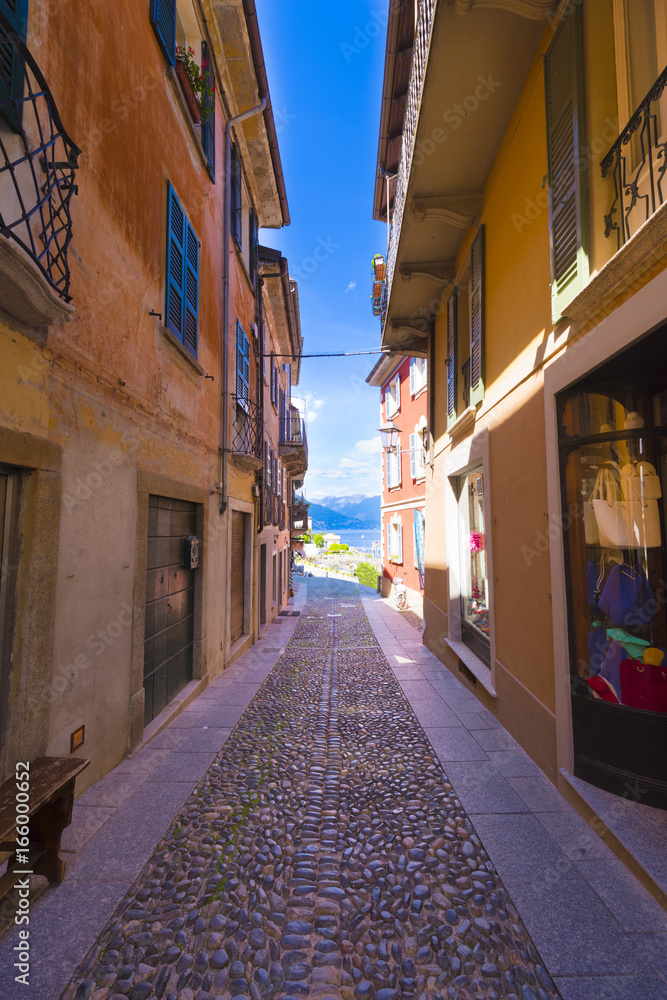 Fototapeta premium Historic old town of Cannobio. Lane down to Lake Maggiore - Lago Maggiore, Verbania, Piemont, Italy