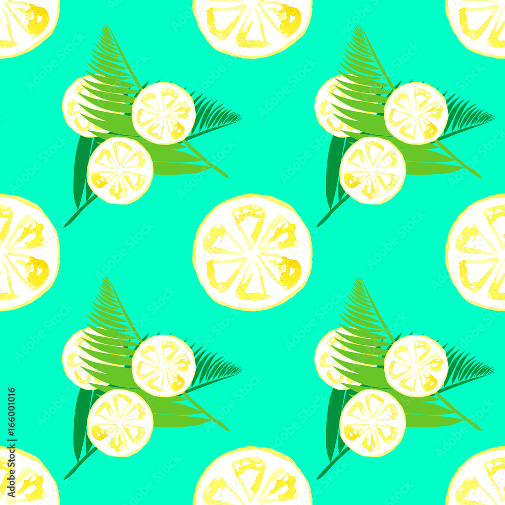 Seamless pattern with watercolor sliced lemons and palm leaves Seamless pattern with watercolor sliced lemons and palm leaves
