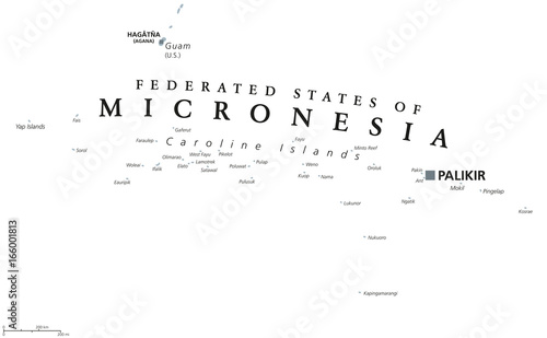 Federated States of Micronesia political map with capital Palikir. English labeling. Island Nation and a United States associated state in the Pacific Ocean. Gray illustration over white. Vector.