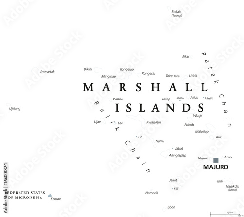 Marshall Islands political map with capital Majuro. Republic and country in the Pacific Ocean consisting of coral atolls and islands. English labeling. Gray illustration on white background. Vector.