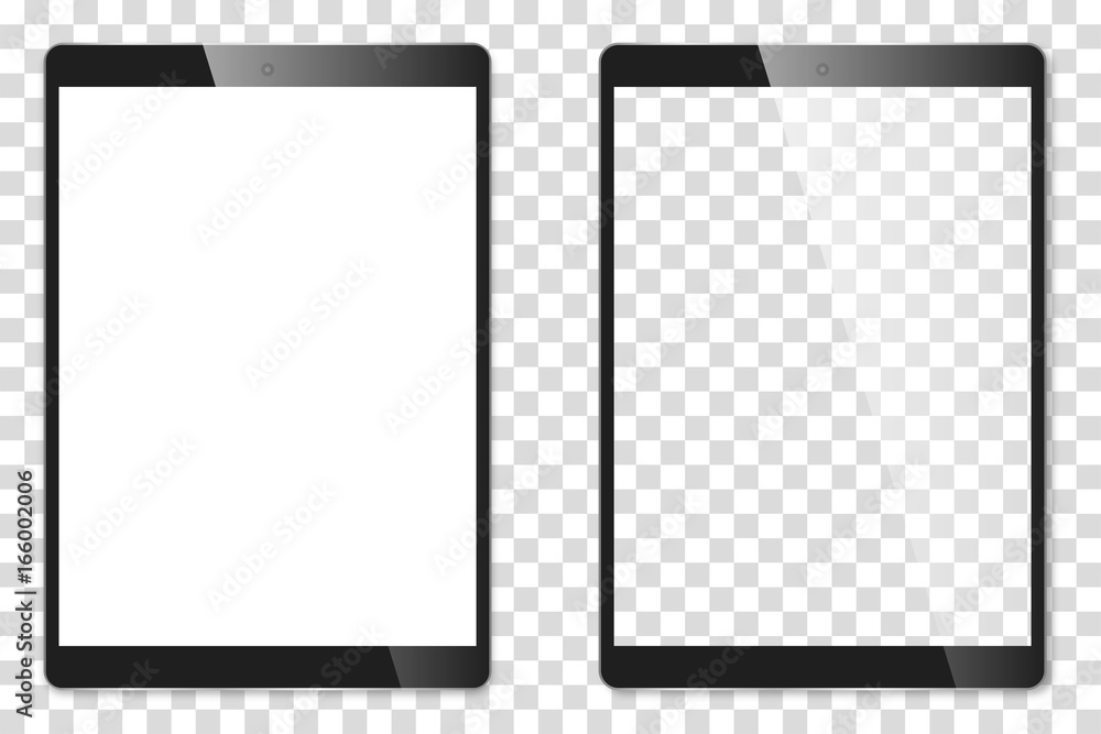 Realistic Tablet with transparent screen isolated on background. Can Use for Template or Banner. Electronic Device Set Mock Up. Vector Illustration