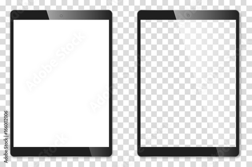 Realistic Tablet with transparent screen isolated on background. Can Use for Template or Banner. Electronic Device Set Mock Up. Vector Illustration