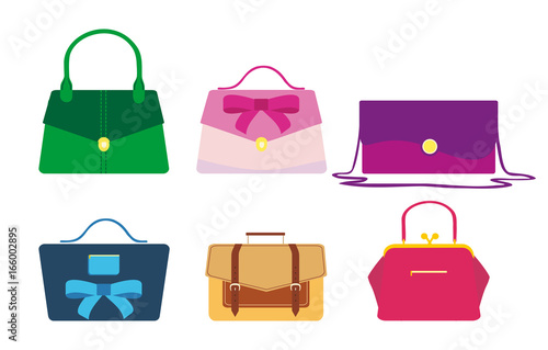 Set of hand stylish bags. Six colored womans bags, for lady. Colorful female bag green, pink, purple, blue. Brown business portfolio. Vector illustration AI10