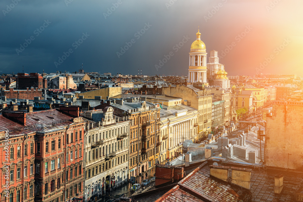 Panoramic view of St. Petersburg from roof top in sunset
