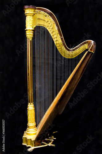 Fototapet Golden harp. Musical instrument on the black background.