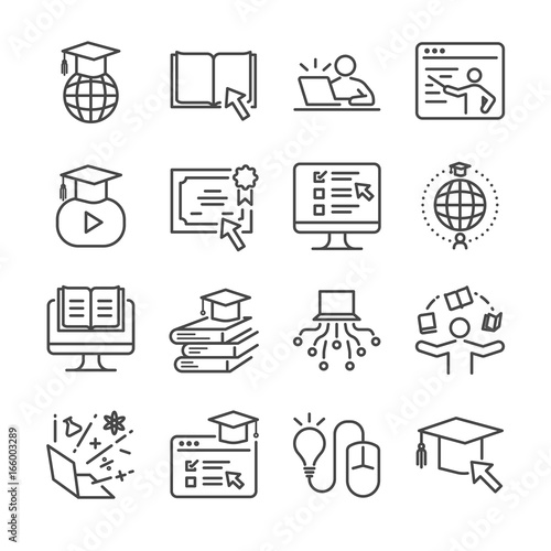 Online education line icon set. Included the icons as graduated, books, student, course, school and more.