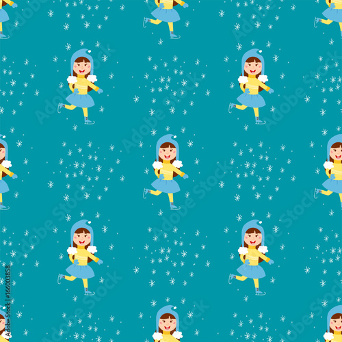 Christmas kids playing winter games children seamless pattern ice-skating cartoon new year winter holidays vector characters illustration.