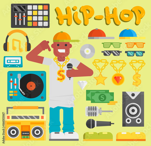 Hip hop man vector musician with microphone breakdance expressive rap modern young rapper guy dancer trendy lifestyle urban