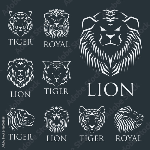 Fototapeta Naklejka Na Ścianę i Meble -  Tiger head royal badge with beautiful animal vector hand drawn lion face illustration.