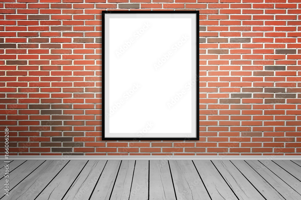 Empty picture frame on brick wall for mockup, art, design presentation. Wooden floor. Empty picture frame on brick wall for mockup, art, design presentation. Wooden floor.