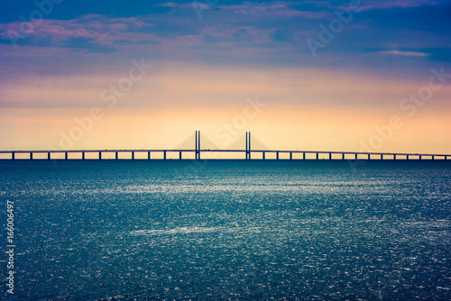 Oresund Bridge crossing the Oresund Strait, connecting Copenhagen Denmark and Malmo Sweden