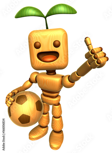 3D Wood Doll Mascot the right hand best gesture and left hand is holding a soccer ball. Wooden Ball Jointed doll Character Design Series.