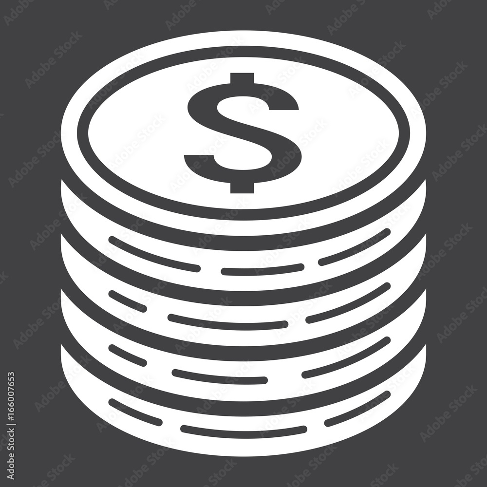 Coins of dollar glyph icon, business and finance, money sign vector graphics, a solid pattern on a black background, eps 10. Coins of dollar glyph icon, business and finance, money sign vector graphics, a solid pattern on a black background, eps 10.