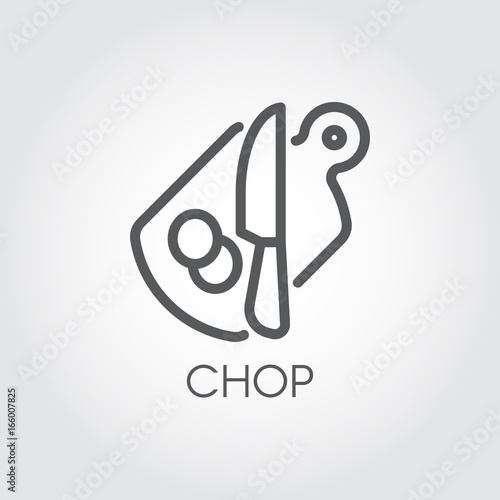 Cutting board, knife and pieces of abstract product. Chopping desk - kitchen utensils theme. Cooking outline symbol. Vector illustration