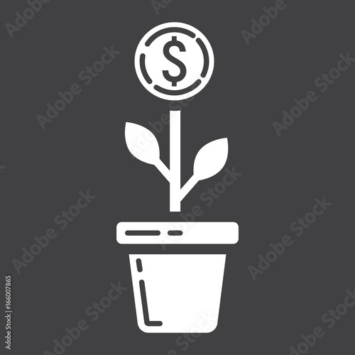 Investment growth glyph icon  business and finance  coin plant sign vector graphics  a solid pattern on a black background  eps 10.