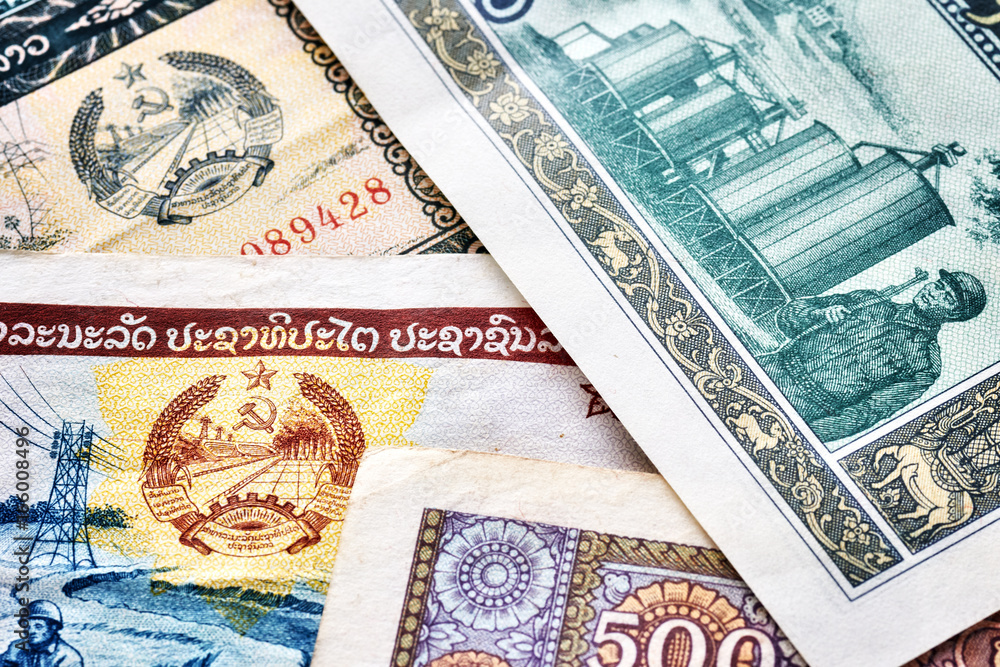 Close up picture of Lao kip banknotes, shallow depth of field.