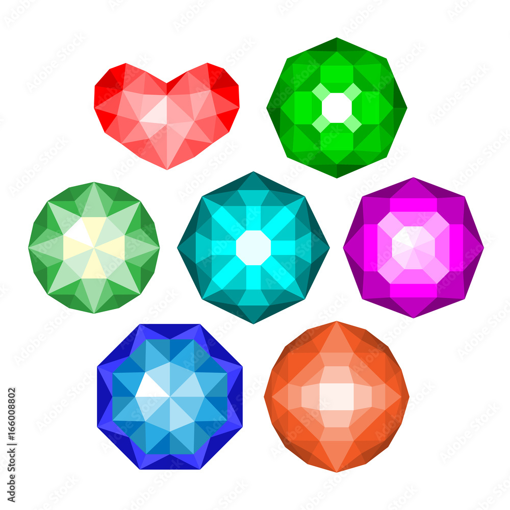 Set of multi-colored classic round brilliant cut gems. Set of multi-colored classic round brilliant cut gems.