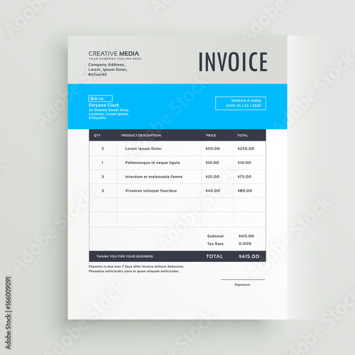 blue invoice template design in simple style