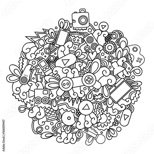 Vector hand drawn doodle of multimedia, video gaming, let's play and cinema for cover design, business card, envelope, letterhead, brochure and book. Realistic corporate identity brand template.