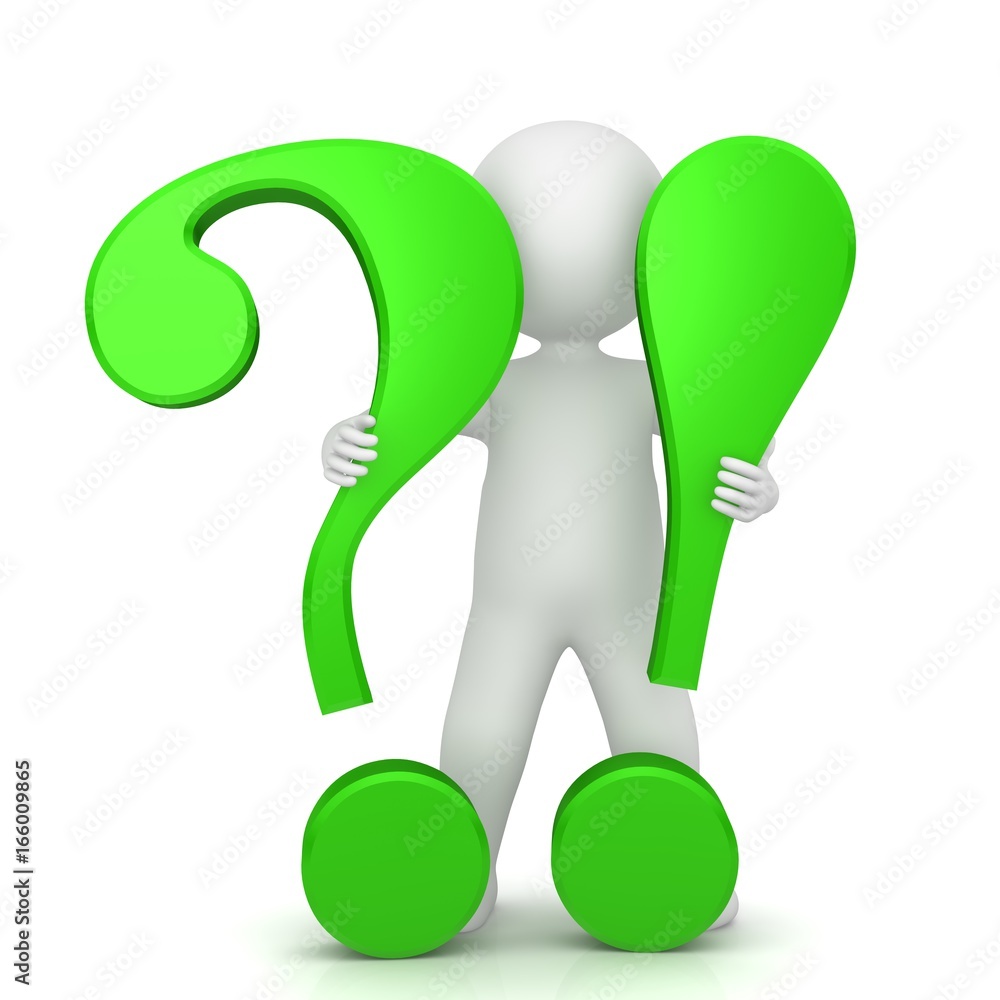 question mark 3d green exclamation mark standing stick man punctuation