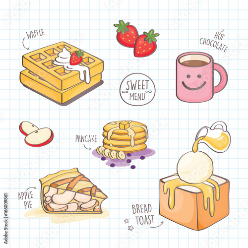 Colorful doodle style dessert. Vector set of dessert menu for cafe.