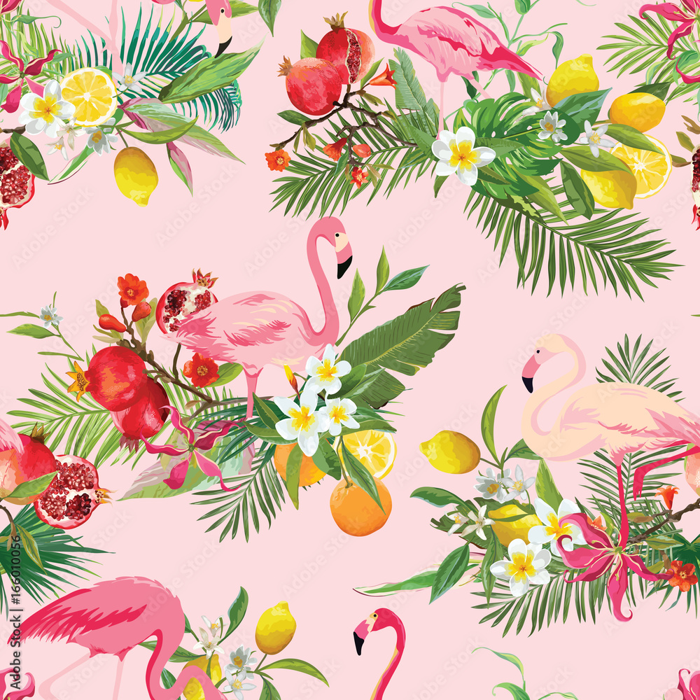 Tropical Fruits, Flowers and Flamingo Birds Seamless Background. Retro Summer Pattern in Vector