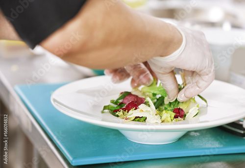 Female chef decorating delicious salad in plate on table