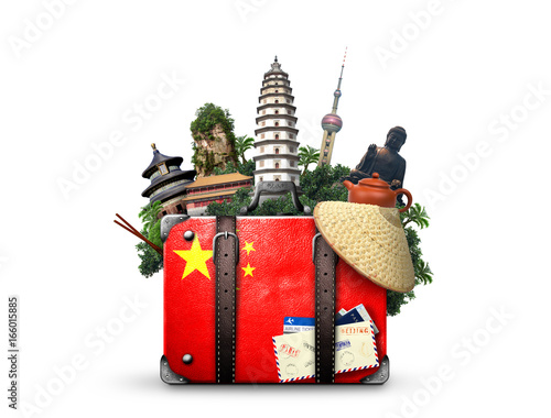 China, vintage suitcase with China flag and landmarks