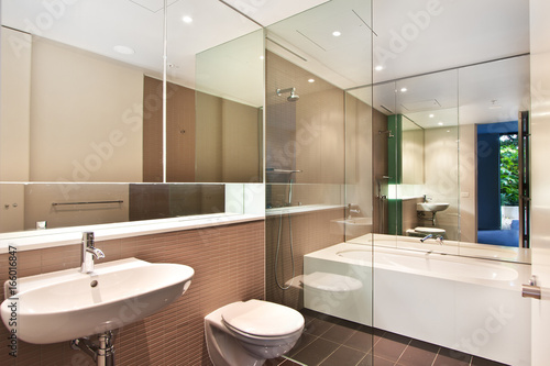 A modern bathroom with a shower area and a bathtub including a wall mirror