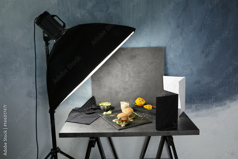 Photo studio with professional lighting equipment during shooting food - obrazy, fototapety, plakaty 