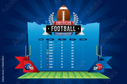 Vector of American football championship with team competition and scoreboard on green field background.