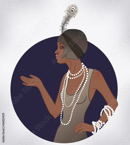 Retro fashion: glamour girl of twenties (African American woman). Vector illustration. Flapper  20's style. Vintage party invitation design template.