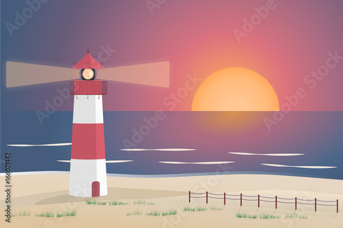 Summer landscape. North Sea sunset with lighthouse and dunes.