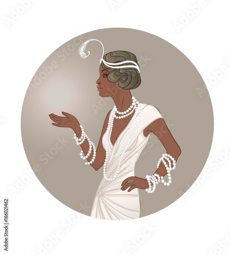 Retro fashion: glamour girl of twenties (African American woman). Vector illustration. Flapper  20's style. Vintage party invitation design template.