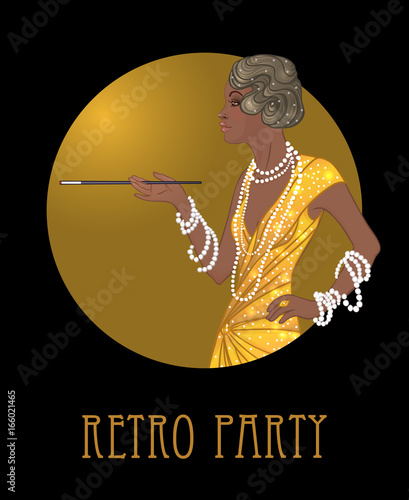 Retro fashion: glamour girl of twenties (African American woman). Vector illustration. Flapper  20's style. Vintage party invitation design template.