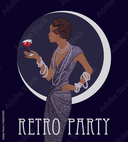 Retro fashion: glamour girl of twenties (African American woman). Vector illustration. Flapper  20's style. Vintage party invitation design template.